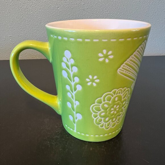 NOW DESIGNS Green Engraved Incised Partridge Dove Bird  Leaf Floral Cup Mug - Picture 5 of 13